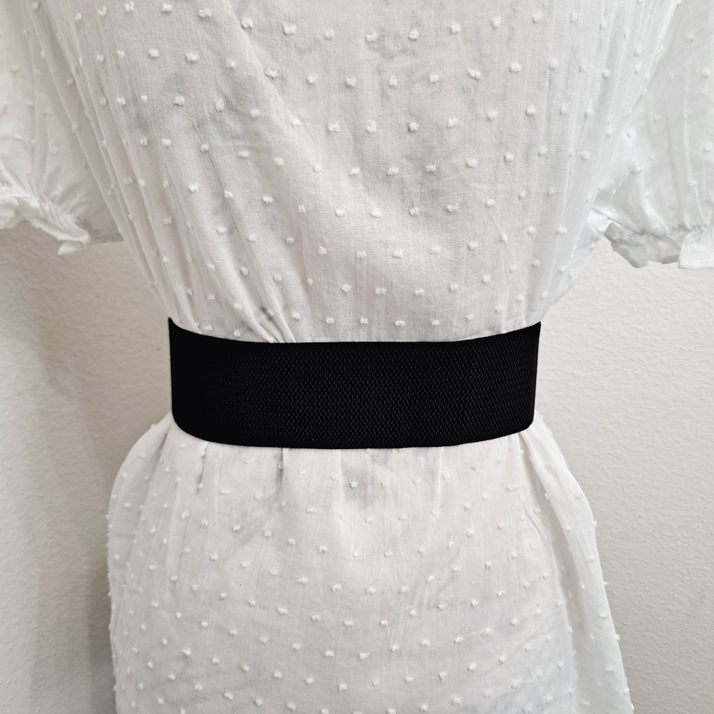 Black Croc Embossed Wide Elastic Waist Belt M Gold Buckle Statement Party event - Picture 7 of 7